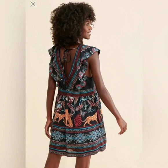 Anthropologie V-Neck Plunge Tunic Mini Dress Black Tiger XXS - Picture 2 of 9